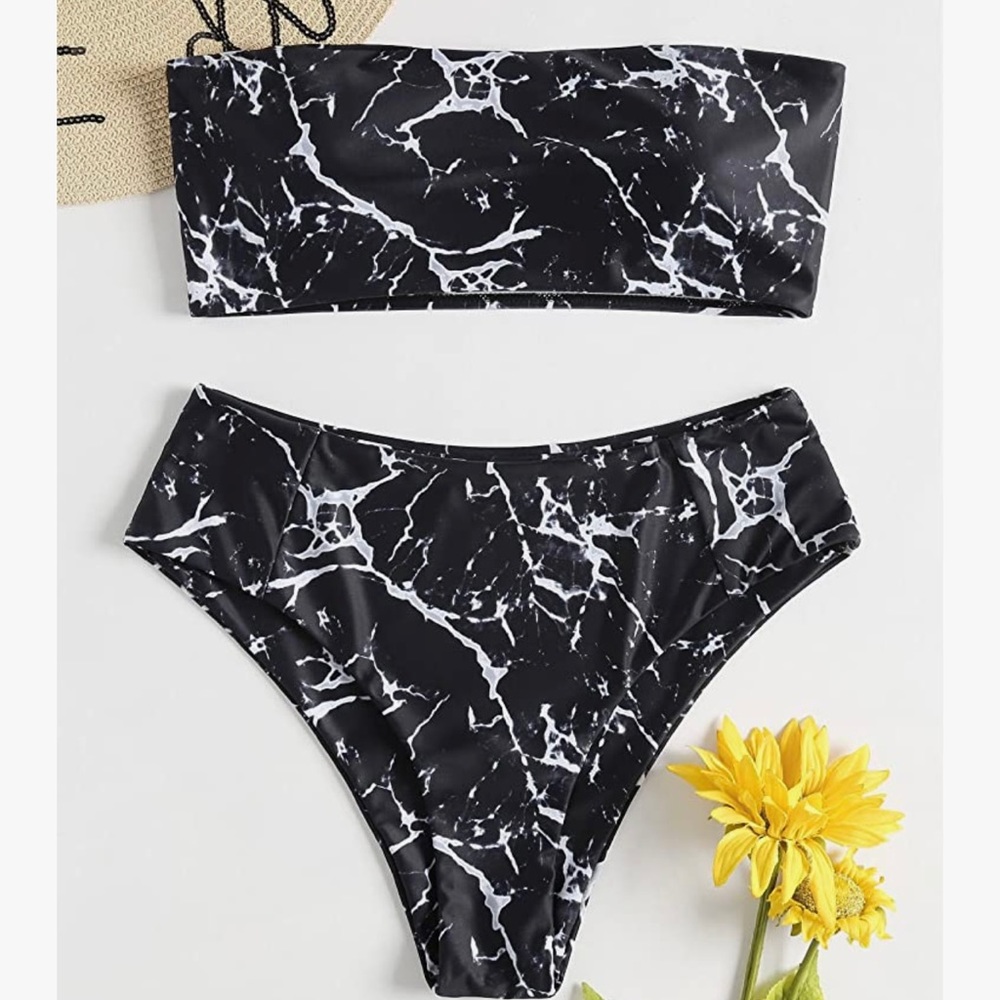 Marble Print High Waisted  Bikini Set Sz M Black